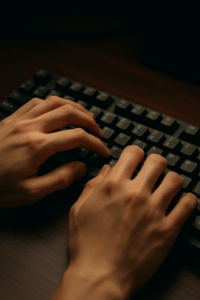 Hands typing the dark - late at night. The stress of this is opposite to FIRE