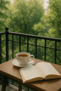 FIRE can reduce stress - A tea cup rand book esting on a table in front of a park